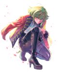  1boy bhh4321 black_gloves cravat eyebrows_visible_through_hair full_body gloves green_hair half_gloves highres jacket jacket_on_shoulders lio_fotia looking_at_viewer male_focus promare purple_eyes sidelocks simple_background solo squatting white_background 