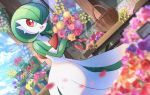  :d basket cloud commentary_request day flower gardevoir gen_3_pokemon hands_up holding holding_flower kokoroko looking_to_the_side no_humans open_mouth outdoors pokemon pokemon_(creature) red_eyes sky smile solo tongue wood 