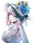  1girl artist_name bangs bare_arms bare_shoulders bikini blue_flower breasts cleavage collarbone commentary_request danganronpa eyebrows_visible_through_hair flower hat hat_flower large_breasts light_brown_hair nanami_chiaki parted_lips pink_eyes sakuyu short_hair solo sun_hat super_danganronpa_2 sweat swimsuit upper_body white_background white_bikini 