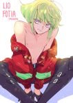  1boy bangs bhh4321 black_gloves black_pants character_name copyright_name earrings eyebrows_visible_through_hair gloves green_hair half_gloves highres jacket jewelry lio_fotia navel nipples pants promare purple_eyes shirtless simple_background smile solo white_background 