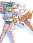  3boys barefoot bhh4321 blue_hair child closed_eyes dolphin_shorts eyebrows_visible_through_hair family galo_thymos green_hair highres if_they_mated lio_fotia male_focus multiple_boys on_bed pillow promare scarf shirtless simple_background sleeping spiked_hair white_background 