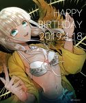  1girl :d bikini bikini_top collarbone commentary_request danganronpa dark_skin dated eyebrows_visible_through_hair frilled_bikini frills ganguro happy_birthday jacket jewelry long_hair long_sleeves looking_at_viewer low_twintails navel navel_piercing necklace new_danganronpa_v3 open_mouth piercing sakuyu silver_hair skirt smile solo swimsuit twintails upper_teeth wristband yellow_jacket yonaga_angie 
