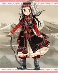  1girl amira black_hair blue_footwear boots braid brown_eyes closed_mouth full_body head_scarf jewelry long_hair long_sleeves looking_at_viewer necklace otoyomegatari red_shirt sash shirt smile solo sunameri_oishii traditional_clothes 