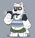  2020 anthro belly black_body black_fur black_nose bottomwear canid canine canis clothing cute_fangs fur giant_panda hybrid male mammal overweight overweight_anthro overweight_male phone shirt shorts simple_background solo thepandobo topwear ursid white_body white_fur wolf 