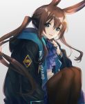  1girl :d amiya_(arknights) animal_ears arknights asuda bangs black_jacket blue_eyes blue_neckwear brown_hair brown_legwear bunny_ears commentary feet_out_of_frame grey_background hair_between_eyes jacket knees_up long_hair long_sleeves looking_at_viewer open_clothes open_jacket open_mouth pantyhose shirt simple_background sitting smile solo white_shirt 