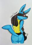  absurd_res anthro balls blue_body blue_fur blush butt canid canine canis fur genitals hi_res jackal lucario male mammal nintendo pok&eacute;mon pok&eacute;mon_(species) red_eyes rotten_owl solo spikes traditional_media_(artwork) video_games 
