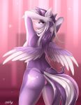  2018 abstract_background absurd_res anthro breasts clothed clothing cutie_mark equid equine fan_character feathers female freckles fur hands_behind_head hasbro hi_res looking-back looking_at_viewer mammal mane multicolored_body multicolored_mane multicolored_tail multicolored_wings my_little_pony panties pegasus purple_body purple_eyes purple_feathers purple_fur purple_mane purple_tail side_boob solo sparklyon3 topless two_tone_body underwear white_body white_feathers white_fur white_mane white_tail wings 