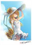  1girl alternate_costume arm_behind_back bangs bare_shoulders blonde_hair blue_ribbon blush breasts character_name cloud commentary_request cowboy_shot dress flower hat hat_flower hat_ribbon heart holding holding_flower lens_flare long_hair looking_at_viewer outdoors photo ribbon sdregret shokuhou_misaki sidelocks sky sleeveless sleeveless_dress small_breasts solo spaghetti_strap sun sun_hat sundress sunflower sunlight thighs to_aru_kagaku_no_railgun to_aru_majutsu_no_index yellow_eyes younger 