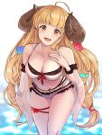  1girl ahoge anila_(granblue_fantasy) bangs bikini blonde_hair blunt_bangs breasts cleavage commentary_request curled_horns detached_sleeves draph eyebrows_visible_through_hair granblue_fantasy herr_meer highres horns large_breasts long_hair looking_at_viewer navel open_mouth sheep_horns smile solo swimsuit thick_eyebrows thighs white_bikini wide_sleeves yellow_eyes 