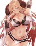  1girl absurdres ahoge anila_(granblue_fantasy) arm_up armpits bangs bare_shoulders belly_chain bikini black_bikini blonde_hair blush breasts cleavage closed_mouth collarbone detached_sleeves draph granblue_fantasy highres horns jewelry large_breasts layered_bikini long_hair looking_at_viewer navel remora180 sheep_horns short_eyebrows smile swimsuit thighs very_long_hair white_bikini wide_sleeves yellow_eyes 