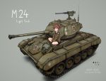  1girl alisa_(girls_und_panzer) brown_hair caterpillar_tracks emblem girls_und_panzer ground_vehicle gun m24_chaffee machine_gun military military_vehicle motor_vehicle saunders_(emblem) saunders_military_uniform tank twintails weapon zap-nik 