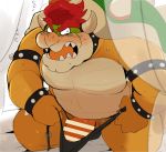  2020 anthro balls belly blush bodily_fluids bowser bulge clothing dressing genitals humanoid_hands hyaku_(artist) kemono koopa male mario_bros nintendo overweight overweight_anthro overweight_male penis scalie solo sweat underwear video_games 