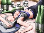  1girl =3 alcohol arm_on_head beer_can belt blush bottle bow breasts can cleavage closed_eyes commentary crop_top eichi1219 grey_hair grey_shirt hair_bow long_hair lying medium_breasts midriff navel necktie on_back open_mouth pants pillow purple_neckwear rug sake sake_bottle shirt solo very_long_hair vocaloid voyakiloid wooden_floor yowane_haku 