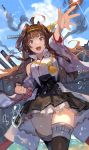  1girl :d absurdres ahoge bangs bare_shoulders blue_eyes blue_sky blunt_bangs breasts brown_hair bubble cloud cowboy_shot dutch_angle eyebrows_visible_through_hair hairband headgear high-waist_skirt highres kantai_collection kongou_(kantai_collection) long_hair looking_at_viewer mixed-language_commentary open_mouth outdoors remodel_(kantai_collection) ribbon-trimmed_sleeves ribbon_trim skirt sky smile solo thighhighs uedrk_yamato v-shaped_eyebrows wide_sleeves 