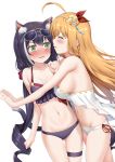  2girls absurdres ahoge animal_ear_fluff animal_ears arm_at_side ass_visible_through_thighs bangs bare_arms bare_shoulders bikini black_bikini black_hair blush breasts cat_ears cat_girl cat_tail collarbone cowboy_shot eyebrows_visible_through_hair eyewear_on_head flower green_eyes hair_flower hair_ornament hand_on_own_chest highres hug imminent_kiss karyl_(princess_connect!) large_breasts long_hair low_twintails multicolored_hair multiple_girls navel nedia_(nedia_region) nose_blush orange_hair parted_lips pecorine princess_connect! princess_connect!_re:dive red_ribbon ribbon rose side-tie_bikini sideboob simple_background stomach streaked_hair sunglasses swimsuit tail thigh_gap thigh_strap twintails two-tone_hair v-shaped_eyebrows very_long_hair white-framed_eyewear white_background white_bikini white_hair yellow_flower yellow_rose yuri 