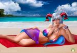  1girl bangs beach bikini bikini_top blue_bikini blue_hair breasts commission fire_emblem fire_emblem_heroes freyja_(fire_emblem) gradient_sarong hair_between_eyes hand_on_own_thigh horns large_breasts long_hair looking_at_viewer lying multicolored multicolored_bikini multicolored_clothes multicolored_hair nextoad ocean patreon_username purple_bikini red_eyes red_horns red_towel sand sarong see-through side-tie_skirt silver_hair skirt sky solo swimsuit towel two-tone_hair watermark wristband yellow_bikini 