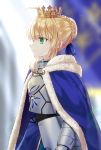  1girl ahoge armor armored_dress artoria_pendragon_(all) bangs blonde_hair blue_cape blue_dress blue_ribbon blurry blurry_background braid braided_bun breastplate cape closed_mouth commentary_request cowboy_shot crown depth_of_field dress eyebrows_visible_through_hair fate/stay_night fate_(series) from_side fur-trimmed_cape fur_trim gauntlets green_eyes hair_ribbon highres ribbon saber shino_skk short_hair sidelocks solo 