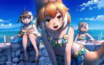  3girls :d animal_ears bangs bare_shoulders bikini blue_eyes blue_hair blue_sky cloud collarbone commentary common_dolphin_(kemono_friends) day dhole_(kemono_friends) dog_ears dog_tail eyebrows_visible_through_hair frilled_bikini frills glasses grey_hair innertube kemono_friends kemono_friends_3 leaning_forward looking_at_viewer meerkat_(kemono_friends) meerkat_ears multicolored_hair multiple_girls open_mouth orange_hair outdoors red_eyes sandals short_hair signature sitting sky smile swimsuit tail two-tone_hair welt_(kinsei_koutenkyoku) white_hair yellow_eyes 