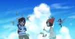  1boy 1girl :d backpack bag bangs baseball_cap beanie black_hair black_headwear cloud comfey commentary_request cutiefly day gen_6_pokemon gen_7_pokemon green_shorts hat index_finger_raised kokoroko legendary_pokemon looking_at_another mizuki_(pokemon) open_mouth outdoors pikipek pokemon pokemon_(creature) pokemon_(game) pokemon_sm pose red_headwear shirt short_sleeves shorts sky smile striped striped_shirt sweatdrop tied_shirt you_(pokemon) zygarde zygarde_core 