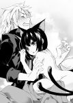  1boy 1girl animal_ears black_hair blush bob_cut cat_ears cat_girl cat_tail clenched_teeth closed_eyes clothed_male_nude_female comta hetero highres kuroka_adelhide maou_no_ore_ga_dorei_elf_wo_yome_ni_shitanda_ga_dou_medereba_ii? multiple_tails nude official_art shax_(maou_no_ore_ga) short_hair sleeves_rolled_up sweatdrop tail teeth two_tails 