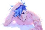  1boy bhh4321 blue_eyes blue_hair eyebrows_visible_through_hair galo_thymos looking_at_viewer lying on_bed on_stomach pov promare shirtless simple_background smile solo spiked_hair white_background 