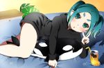  black_hoodie black_sweater blue_hair blush desk eyebrows lying monogatari_(series) msmrdaaaaa ononoki_yotsugi orca plant potted_plant sweater toy twintails v 