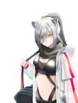  12 1girl animal_ears arknights bag breasts cat_ears cleavage commentary_request crop_top eyebrows_visible_through_hair eyes_visible_through_hair grey_scarf hair_over_one_eye jacket long_hair long_sleeves midriff navel open_clothes open_jacket scarf schwarz_(arknights) silver_hair simple_background small_breasts solo stomach upper_body white_background white_jacket yellow_eyes 