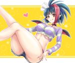  1girl :d bat_wings blue_hair blush breasts denim denim_shorts fang fingernails heart highres large_breasts looking_at_viewer millaarc multicolored_hair navel open_mouth orange_eyes pink_hair pink_nails pointy_ears r-binon senki_zesshou_symphogear senki_zesshou_symphogear_xv sharp_fingernails shiny shiny_hair shirt short_hair shorts smile solo striped striped_shirt thighs torn_clothes torn_shirt two-tone_hair wings 