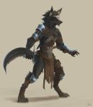  2017 anthro armor athletic athletic_anthro athletic_male black_nipples black_sclera blue_eyes boots braided_hair canid canine canis chest_tuft claws clothed clothing digitigrade facial_markings fingers footwear fur fur_markings grey_body grey_fur hair head_markings hi_res holding_object holding_sword holding_weapon kluclew knife loincloth male mammal markings melee_weapon midriff nipples scabbard signature simple_background skimpy solo standing sword throwing_knife toe_claws toeless_footwear tuft unconvincing_armor warrior weapon wolf 