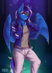  2019 abstract_background absurd_res anthro blue_body blue_feathers blue_fur blue_hair blue_tail bottomwear clothing equid equine feathered_wings feathers fur green_eyes hair hand_on_neck hi_res jacket looking_at_viewer male mammal pants pegasus shirt smile solo sparklyon3 text topwear wings 