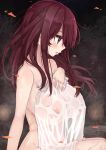 1girl absurdres bare_shoulders blue_eyes blush breasts brown_hair cleavage collarbone covering covering_breasts embarrassed highres holding holding_towel huge_breasts long_hair looking_to_the_side nipples open_mouth original rucchiifu see-through sitting solo towel wet_towel white_towel 
