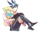  3boys aqua_eyes bangs bhh4321 blue_eyes blue_hair carrying copyright_name eyebrows_visible_through_hair family galo_thymos green_hair if_they_mated lio_fotia looking_at_viewer male_focus multiple_boys one_eye_closed princess_carry promare purple_eyes shoes simple_background sneakers white_background 