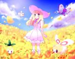  1girl anzu_(01010611) blonde_hair blush braid butterfree clenched_hand closed_mouth cloud commentary_request cutiefly day dress eyelashes field flower flower_field gen_1_pokemon gen_5_pokemon gen_7_pokemon green_eyes hand_on_headwear hat lillie_(pokemon) long_hair outdoors petilil pokemon pokemon_(creature) pokemon_(game) pokemon_sm sky smile socks standing sun_hat sundress twin_braids white_dress white_headwear 