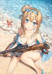  1girl bare_shoulders beach bikini blue_eyes blue_jacket breasts brown_hair caustics cleavage frilled_bikini frills from_above girls_frontline gun hair_bun hair_ornament hairband halterneck highres holding holding_gun holding_weapon jacket looking_at_viewer medium_breasts object_namesake off_shoulder open_clothes open_jacket side_bun sitting smile solo starfish string_bikini submachine_gun sunako_(veera) suomi_kp/-31 suomi_kp31_(girls_frontline) swimsuit thighs water weapon white_bikini 