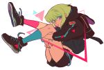  1boy backpack bag bangs belt bhh4321 blue_legwear earrings eyebrows_visible_through_hair full_body green_hair jacket jewelry knees_to_chest knees_up leg_hug lio_fotia looking_at_viewer male_focus mismatched_legwear pink_legwear promare purple_eyes shoes short_shorts shorts simple_background sitting sneakers solo white_background 