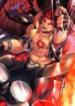  1boy abs alternate_costume bara bellsaltr chest chest_tattoo collarbone drumming horns ifrit_(tokyo_houkago_summoners) looking_at_viewer male_focus muscle nipples pectorals pointy_ears red_eyes red_hair shirtless solo spiked_hair tattoo thick_thighs thighs tokyo_houkago_summoners upper_body 