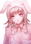  1girl animal_ears animal_hat breasts bunny_ears bunny_hat collarbone commentary_request danganronpa detached_collar detached_sleeves eyebrows_visible_through_hair face flipped_hair hair_ornament hairclip hat large_breasts light_brown_hair looking_at_viewer mole mole_on_breast nanami_chiaki parted_lips pink_eyes pink_neckwear pink_ribbon ribbon sakuyu short_hair solo super_danganronpa_2 twitter_username white_sleeves 