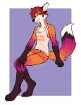  anthro bottomwear canid canine clothing dipstick_tail femboy_hooters fox girly gloves_(marking) hooters hotpants leg_markings looking_at_viewer male mammal markings multicolored_tail red_fox shirt shorts sitting socks_(marking) solo supermint topwear 