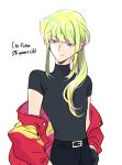  1boy alternate_hair_length alternate_hairstyle bangs belt bhh4321 black_shirt earrings eyebrows_visible_through_hair green_hair highres jacket jewelry lio_fotia long_hair looking_to_the_side older ponytail promare purple_eyes shirt sidelocks simple_background smile solo white_background 