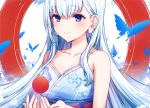  1girl bare_shoulders blue_eyes breasts butterfly_hair_ornament cleavage collarbone commentary_request eyebrows_visible_through_hair hair_between_eyes hair_ornament komeshiro_kasu long_hair medium_breasts original sleeveless smile solo upper_body white_hair 