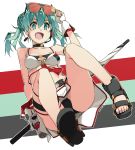  1girl adjusting_eyewear aqua_eyes aqua_hair belt bikini bikini_top breasts choker dated fingerless_gloves full_body gloves goodsmile_racing hatsune_miku headset highres medium_breasts open_mouth race_queen sandals shikei sitting skirt solo swimsuit toes twintails umbrella vocaloid 