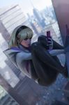  1girl absurdres ass blonde_hair blue_eyes blurry blurry_background bodysuit cellphone cityscape day depth_of_field earphones gwen_stacy hairband highres hood hoodie jee-hyung_lee lips long_hair marvel outdoors phone signature smartphone solo spider-gwen spider-man_(series) squatting 