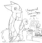  anthro arctic_fox black_and_white bottomwear canid canine clothed clothing disney duo ear_markings ears_down english_text facepalm facial_markings female fox fully_clothed head_markings hi_res jack_savage lagomorph leporid male mammal markings monochrome pants pivoted_ears rabbit shirt shorts skye_(zootopia) standing text topwear zhan zootopia 