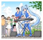  abe_takakazu bare_shoulders blue_eyes blue_legwear blue_shirt child crossover crowd day fence guitar hair_ribbon hatsune_miku headphones headset highres instrument kuso_miso_technique light_blue_hair long_hair miniskirt music necktie open_mouth outdoors pants plant playing_instrument pleated_skirt pocari_sweat ribbon shirt shoes shoulder_tattoo skirt sleeveless sleeveless_shirt smile sneakers speaker tattoo thighhighs tree tsugumi_(aya-3326) twintails very_long_hair vocaloid white_neckwear white_pants white_skirt yamaha_dx7 