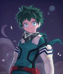  1boy absurdres artist_name atgyu bangs belt blue_gloves bodysuit boku_no_hero_academia closed_mouth commentary_request elbow_gloves freckles frown gloves green_bodysuit green_eyes green_hair highres hood hood_down looking_at_viewer male_focus mask mask_removed midoriya_izuku mouth_mask red_belt solo two-tone_gloves upper_body utility_belt v-shaped_eyebrows white_gloves 