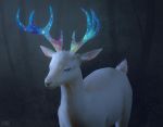  2020 ambiguous_gender antlers blue_eyes cervid feral forest fur hi_res horn ka92 mammal multicolored_horn outside rainbow_horn solo tree white_body white_fur 