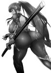  1girl absurdres akiyama_rinko armor ass back_cutout bangs bodysuit breasts curvy eyebrows_visible_through_hair from_behind from_below gauntlets gloves greyscale high_ponytail highres holding holding_sword holding_weapon large_breasts leg_armor long_hair long_ponytail looking_back monochrome ninja open_mouth sheath sidelocks sonparesu sword taimanin_(series) thighs very_long_hair weapon white_background 