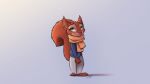  12-9 16:9 anthro barefoot blue_background brown_body brown_fur clothed clothing fluffy fluffy_tail fully_clothed fur hi_res light lighting mammal qalcove_(character) rodent scarf sciurid signature simple_background smile solo standing widescreen 