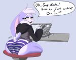  anthro big_butt butt chair clothing desk dialogue english_text erootter female furniture hunibun hunicast lagomorph leporid long_ears mammal panties purple_eyes rabbit short_tail solo text underwear 