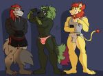  2020 absurd_res anthro black_nose bone canid canine canis clothed clothing felid forsburn fur green_body green_fur group hair hi_res hoodie hyaenid jockstrap lion looking_at_viewer lovers_of_aether male mammal muscular muscular_male nude pantherine partial_nudity piercing red_eyes rivals_of_aether simple_background skull smile spotted_hyena sylvanedadeer sylvanos thong topless topwear underwear video_games wolf zetterburn 
